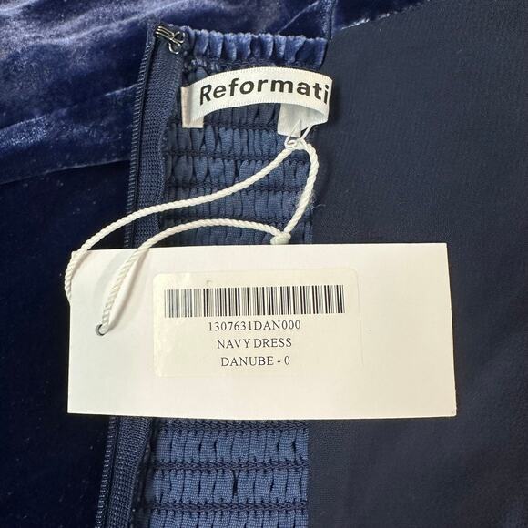 REFORMATION Navy Sleeveless Midi Dress Velvet Square Neck High Slit Danube NWT - Picture 11 of 14